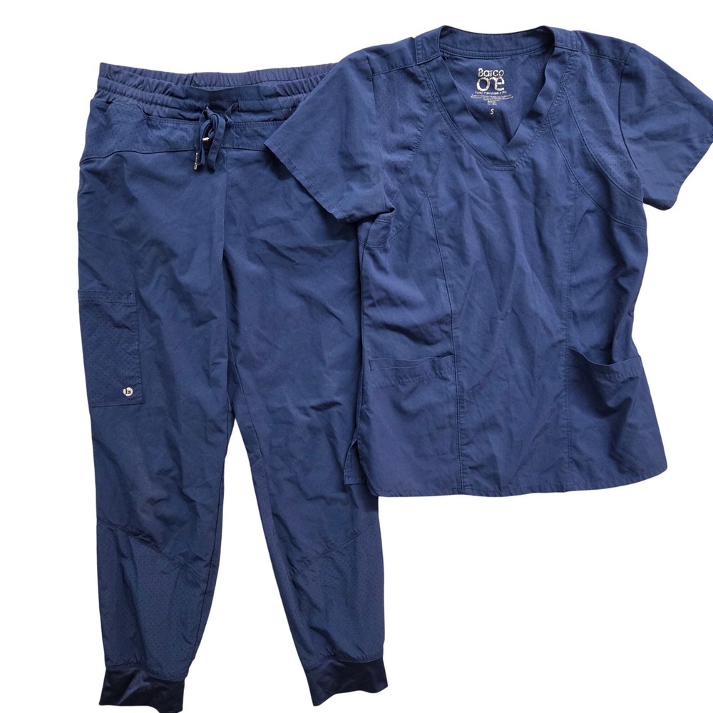 Barco One Navy Blue Scrub Set Top Pants Women's Size S V-Neck Jogger Uniform